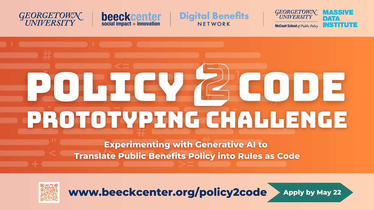 🚀 Exciting News! 🚀 Join the Policy2Code Prototyping Challenge to experiment with public benefits policy implementation via generative AI & LLMs. Apply by May 22, 2024.

beeckcenter.org/policy2code

Hosted by @BeeckDBN & @MassiveData_GU at @Georgetown.

#AI #LLMs #RulesAsCode 🌟