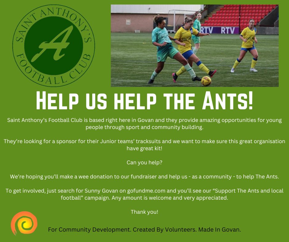 Help us help The Ants! Can you could donate a wee bit to our campaign to get @SaintAnthonysFC new kit? Small or large, all amounts go towards supporting an amazing local org and community group. Thank you! gofund.me/62c5ca86