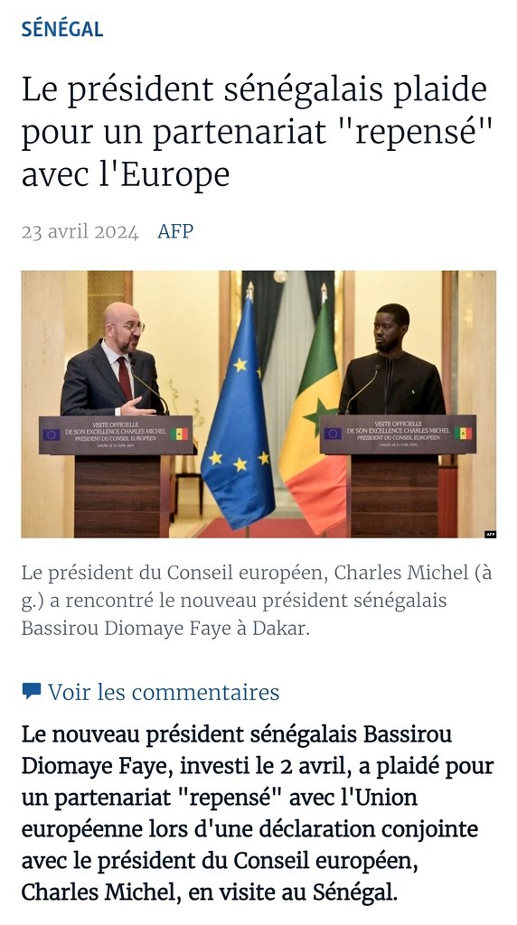 Le nouveau Président #sénégalais 🇸🇳 plaide pour un partenariat repensé avec l'#Europe. Une demande totalement légitime! Le monde a changé. Nos partenaires demandent du respect. Il est temps que l'Europe prenne la mesure de ces changements pour des relations justes et équilibrées!