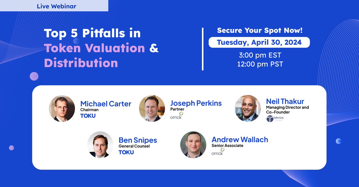 Are you planning a token launch? Be sure to catch our upcoming webinar! We'll be sharing tips and tricks, as well as common pitfalls to avoid during token launches and issuances. On April 30th, hear from the industry experts at Toku, Teknos, and Orrick as they'll cover key…