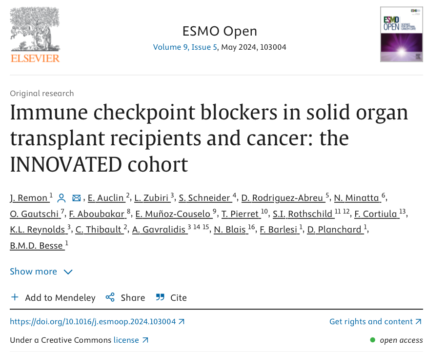 OncoAlert's tweet photo. Just out at @ESMO_Open 
by our @OncoAlert 🚨colleagues @JordiRemon,  @barlesi and team

(INNOVATED) Immune checkpoint blockers in solid organ transplant recipients and cancer

Evaluating the efficacy and safety of immune checkpoint blockers in solid organ transplant patients w/solid tumors, particularly #LungCancer 🫁

➡️revealing promising response rates but also highlighting significant risks of allograft rejection.

https://t.co/y2eg62XXsI

@dplanchard @BenjaminBesseMD @GautschiOliver @delvysra

Pinging @OncoALert 🚨 #LungCancer Faculty
@ChristianRolfo @GlopesMd @NarjustFlorezMD @StephenVLiu @JackWestMD @bmassutis @Tony_Calles @s_couraud @marinagarassino @peters_solange @UmbertoMalapel1 @g_mountzios @CharuAggarwalMD @christine_lovly @BairdAM @JFreemanDaily @Piuchagarrido @LeciaSequist @jillfeldman4 @ivybelkins @bensolomon1 @VanitaNoronha @DrSanjayPopat @alexdrilon  @DrJNaidoo @Latinamd 

#OncoAlertAF
@nataliagandur @acampsmalea @MartaPerachino @heinrich_kat @BiagioRicciutMD @DenizCanGuven1
@yekeduz_emre @HHorinouchi @FadiHaddad_MD
@Dr_Ivanoncologo @Abdallah81MD @FernandoOnco
@ElisaAgostinett @dr_yakupergun @to_be_elizabeth