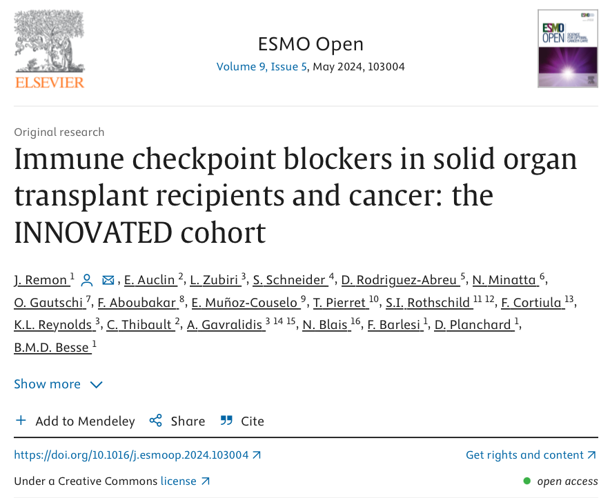 Just out at @ESMO_Open by our @OncoAlert 🚨colleagues @JordiRemon, @barlesi and team (INNOVATED) Immune checkpoint blockers in solid organ transplant recipients and cancer Evaluating the efficacy and safety of immune checkpoint blockers in solid organ transplant patients…