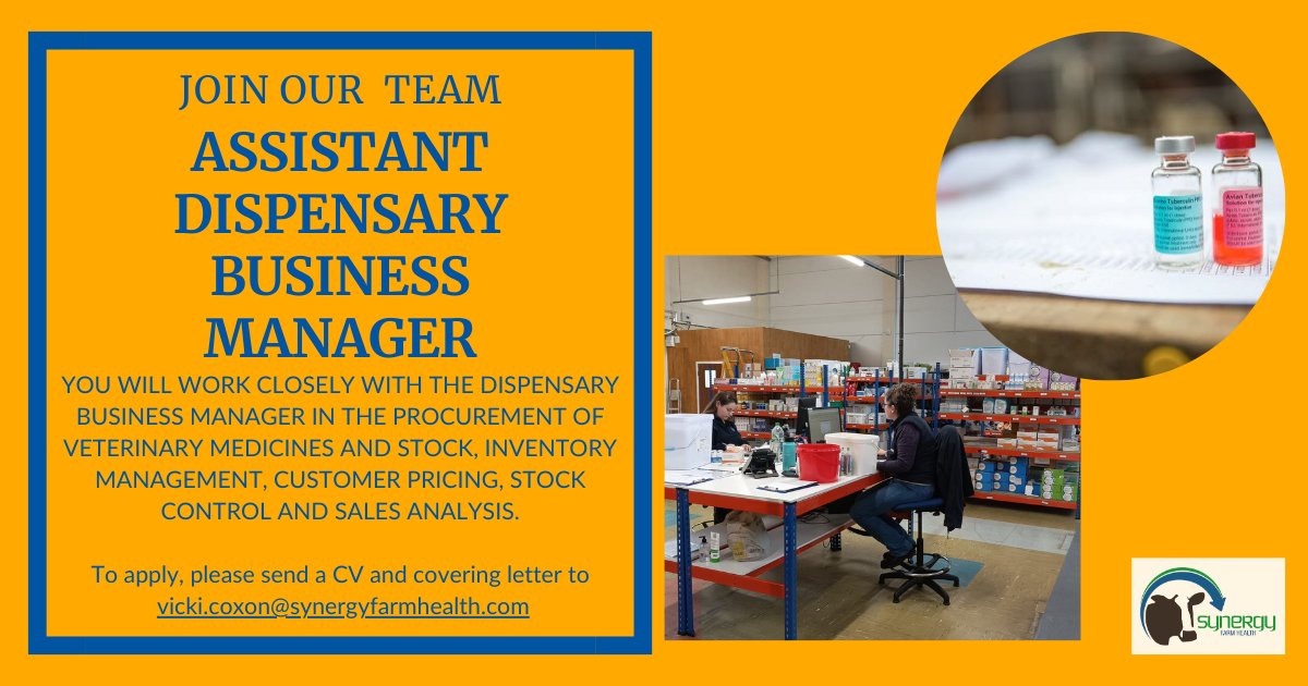 Synergy Farm Health (@synergyfarmvets) on Twitter photo An exciting opportunity has arisen to join the Synergy team as Assistant Dispensary Business Manager.
To apply please send a covering letter and current CV to vicki.coxon@synergyfarmhealth.com
Closing date for applications: 8th May 2024 An exciting opportunity has arisen to join the Synergy team as Assistant Dispensary Business Manager.
To apply please send a covering letter and current CV to vicki.coxon@synergyfarmhealth.com
Closing date for applications: 8th May 2024