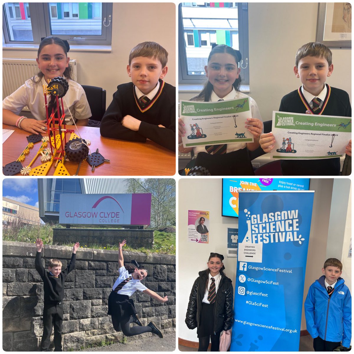 StMarksPrimary1's tweet photo. Well done to Joshua and Millie who competed in the Regional Final of the @GlasgowSciFest Creating Engineers Challenge. Their creativity and problem solving skills have helped get them through to the Grand Final next month! 🌟🏗️ #GSFCreatingEngineers #MakeYourMark @ERC_STEM https://t.co/89QkSPW8vU