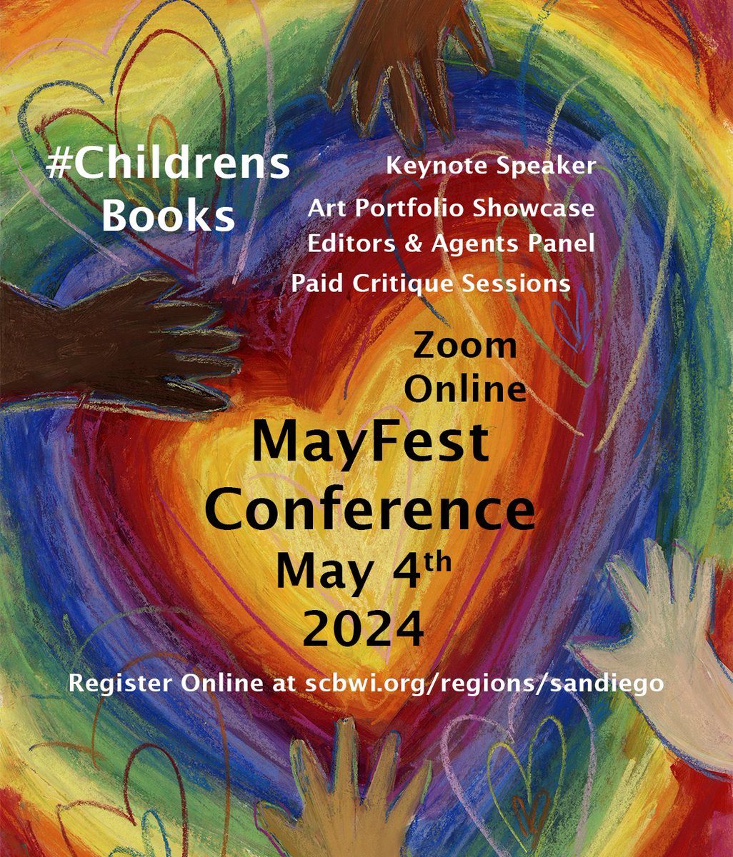 SCBWI SD MayFest Conference will take place on Zoom on May 4th 9 AM - 1:15 PM. Learn from editors & agents! Replay available. scbwi.org/events/mayfest… #scbwi #childrensbooks #kidlit #kidlitart #picturebooks #yalit #mglit #childrenspublishing #picturebook