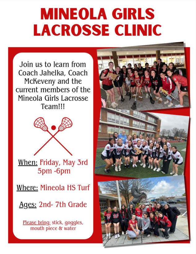 Join our Girls Lacrosse Program on 
May 3 for a clinic hosted at Mineola HS! #MineolaProud <a href="/mineolahs/">Mineola High School</a> <a href="/MineolaUFSD/">Mineola UFSD</a> <a href="/MineolaGirlsLax/">Mineola Girls’ Lacrosse</a>
