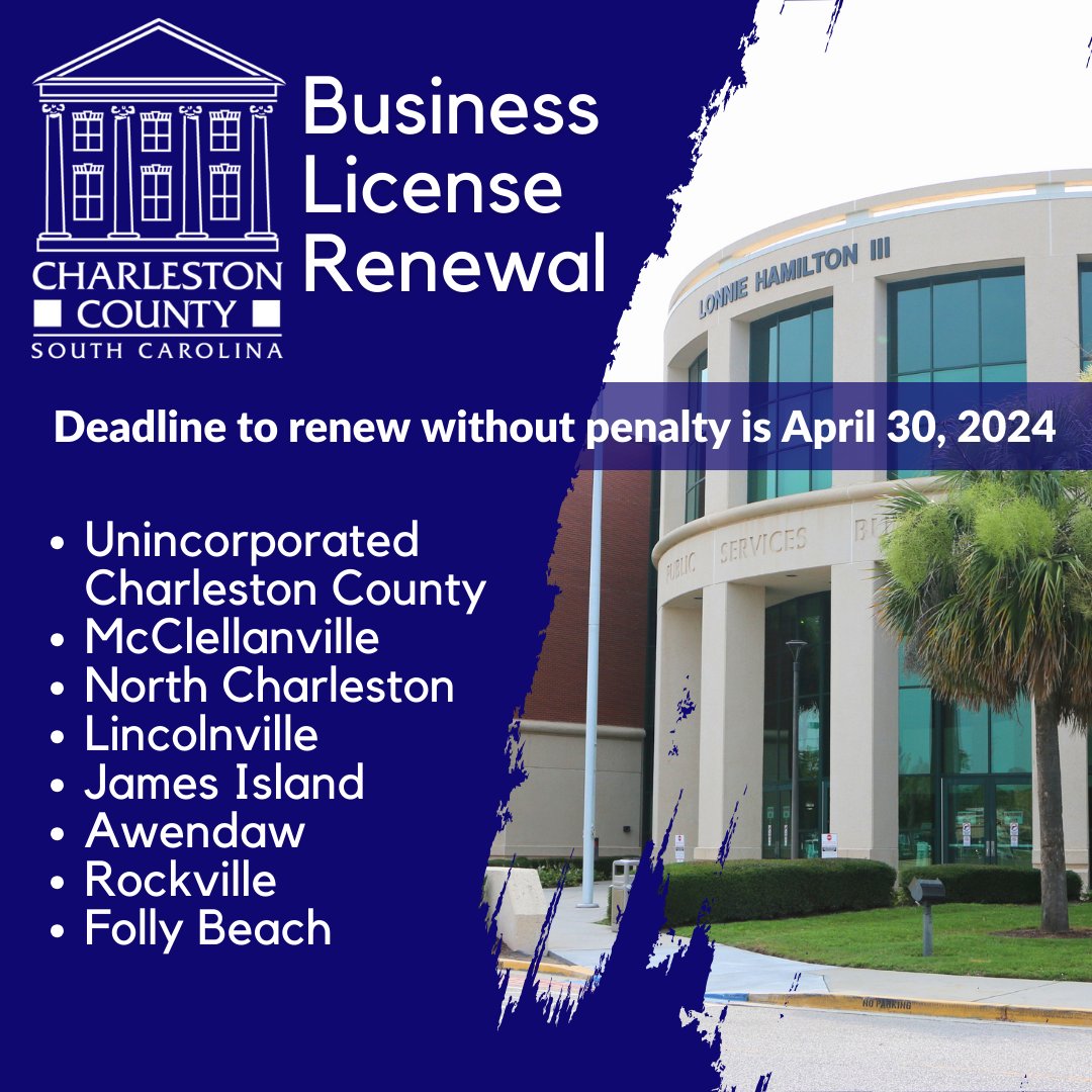 Need to renew your business license? The deadline to renew with no penalty is April 30, 2024 Learn more about this process and how to apply/renew here: charlestoncounty.org/departments/re… #ChsCounty