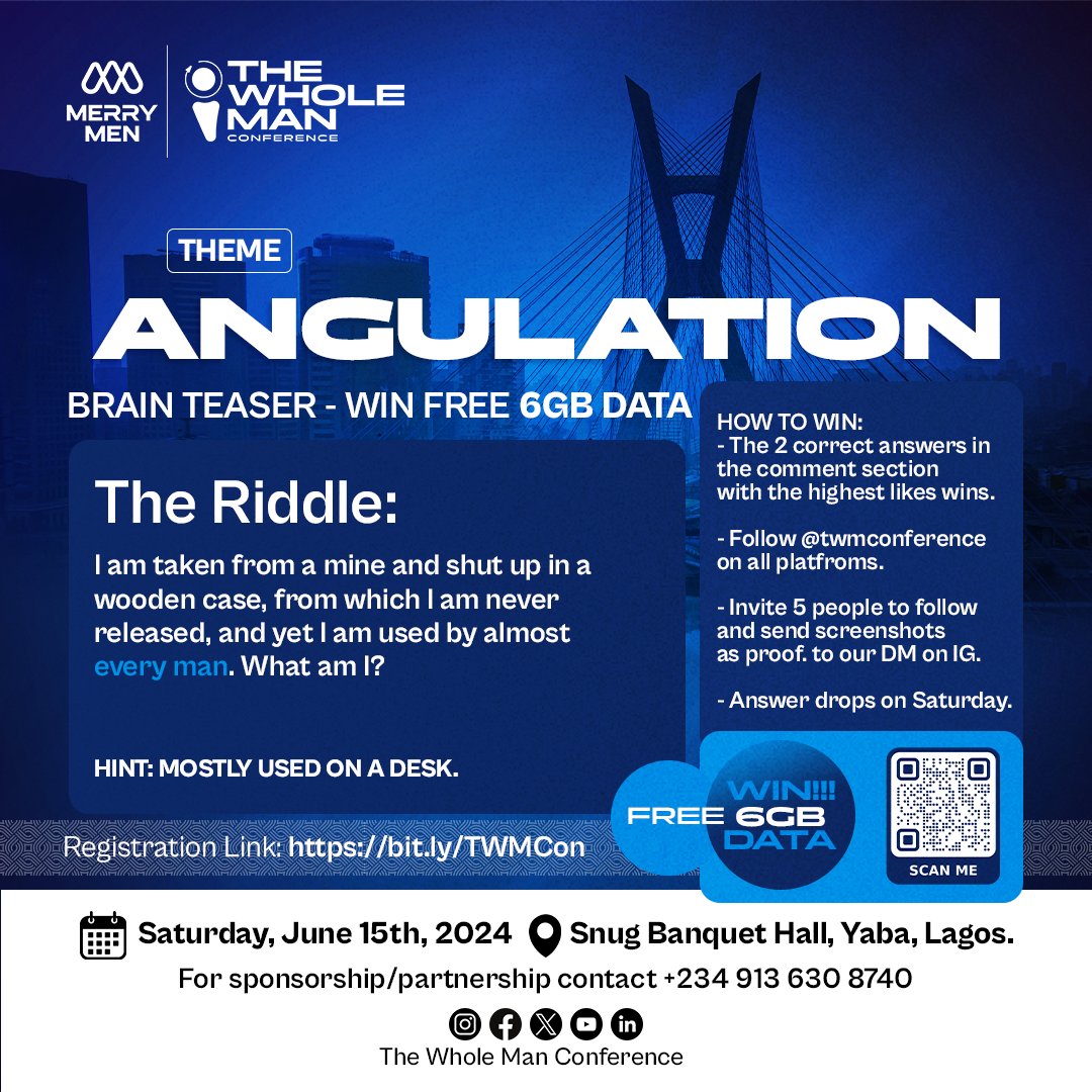 TWMConference's tweet photo. Win free 6Gb Data. Answer the riddle correctly and follow the instructions carefully.
Comment on IG https://t.co/StxV0Y3cRd
Don't forget to save your seat at 'The Whole Man Conference' https://t.co/xXUdiFAzNl
#twmconference #twmconference2024 #thewholemanconference https://t.co/HDo4WR4Cmq