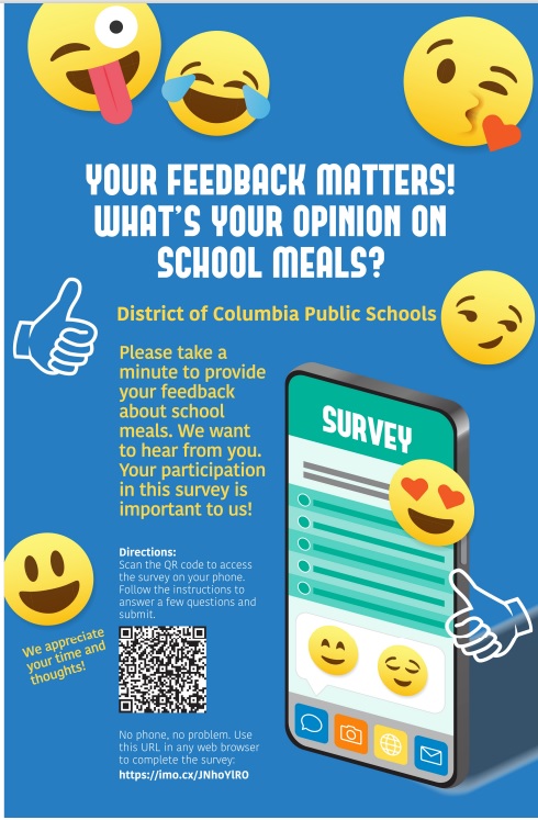 SodexoMagicDCPS's tweet photo. We want to hear your voice and your opinions about the meals we serve in our cafeterias. Your opinion matters! Participate in our survey and help us improve together. You can complete the survey here: https://t.co/oftDUClkkd https://t.co/nvMS7lcN2P