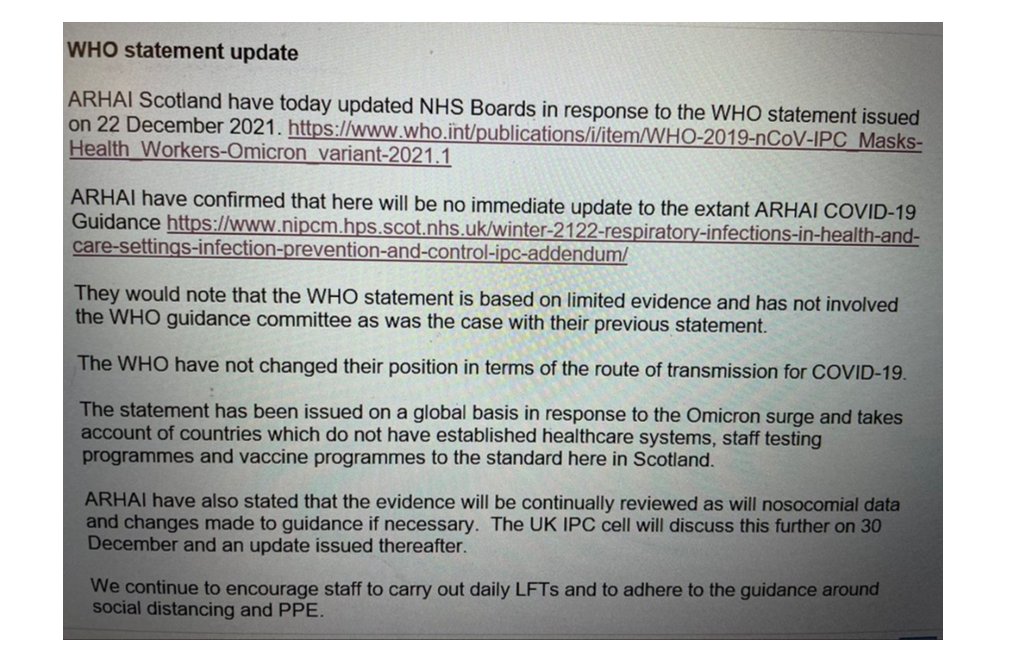 When the @WHO said (reluctantly) it was airborne 2021, ARHAI in Scotland released this Would they care to comment on their role in this 'PH/IPC Biblical Never Event' of supporting an erroneous MOT. 'The WHO statement is based on limited evidence...' @P_H_S_Official