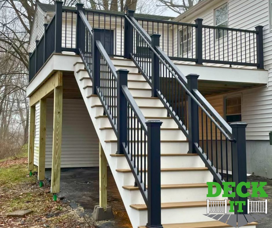 DeckItNow's tweet photo. Just finished a stunning TimberTech deck in Marlborough, MA! 🏡 Featuring TimberTech Prime Collection Coconut Husk deck boards with Trex Select black railings and balusters. 🖤✨ #deckbuilder #deckdesign #timbertechdeck https://t.co/gHHYQWoghV