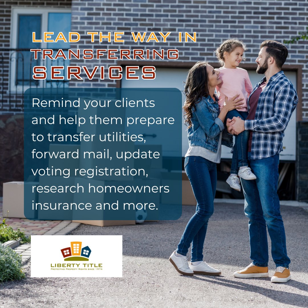 👋🏠 If your clients are saying goodbye to their homes, they may need a little extra guidance. That's where you come in! Stand out from other agents by helping them transfer their services. 

Head over to libertytitle.com. 

#libertytitle #MIrealestate #titlecompany