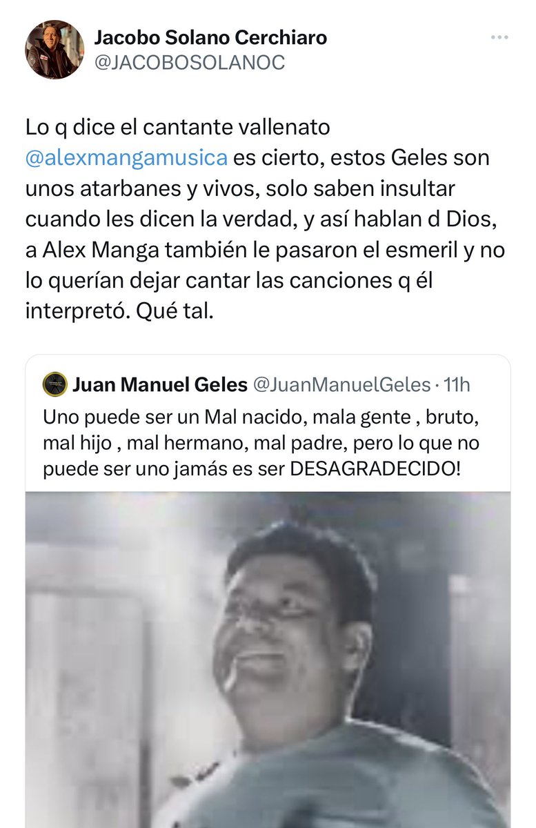 Un nuevo comentario hizo el columnista Jacobo Solano que seguro hará ruido  Solano aseguró: “Lo que dice el cantante vallenato @alexmangaoficial es  cierto, estos Geles son unos atarbanes y vivos, solo saben
