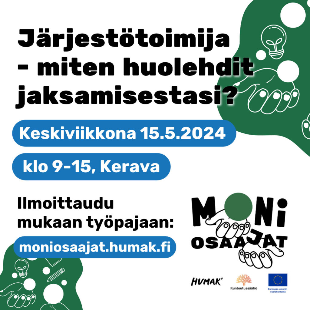 Moniosaajat-hankkeen työpajan aiheena on järjestötoimijoiden jaksaminen!  Lämpimästi tervetuloa mukaan sote-järjestötoimijat Kanta-Hämeestä ja Uudeltamaalta. Ilmoittaudu:  moniosaajat.humak.fi/2024/04/08/jar…..
@kuntoutussäätiö #humak #moniosaajat #SoteJärjestö #KantaHäme #Uusimaa #ESRplus