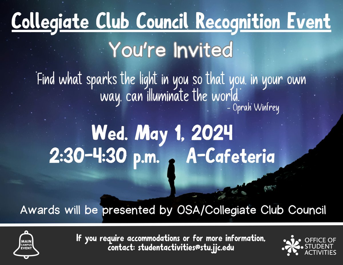 Club members, be sure to join us next Wednesday, May 1, from 2:30pm - 4:30pm in the A-Cafeteria for our annual CCC Recognition Event! There will be gifts, FREE food, and we will give out our clubs awards. See you there!