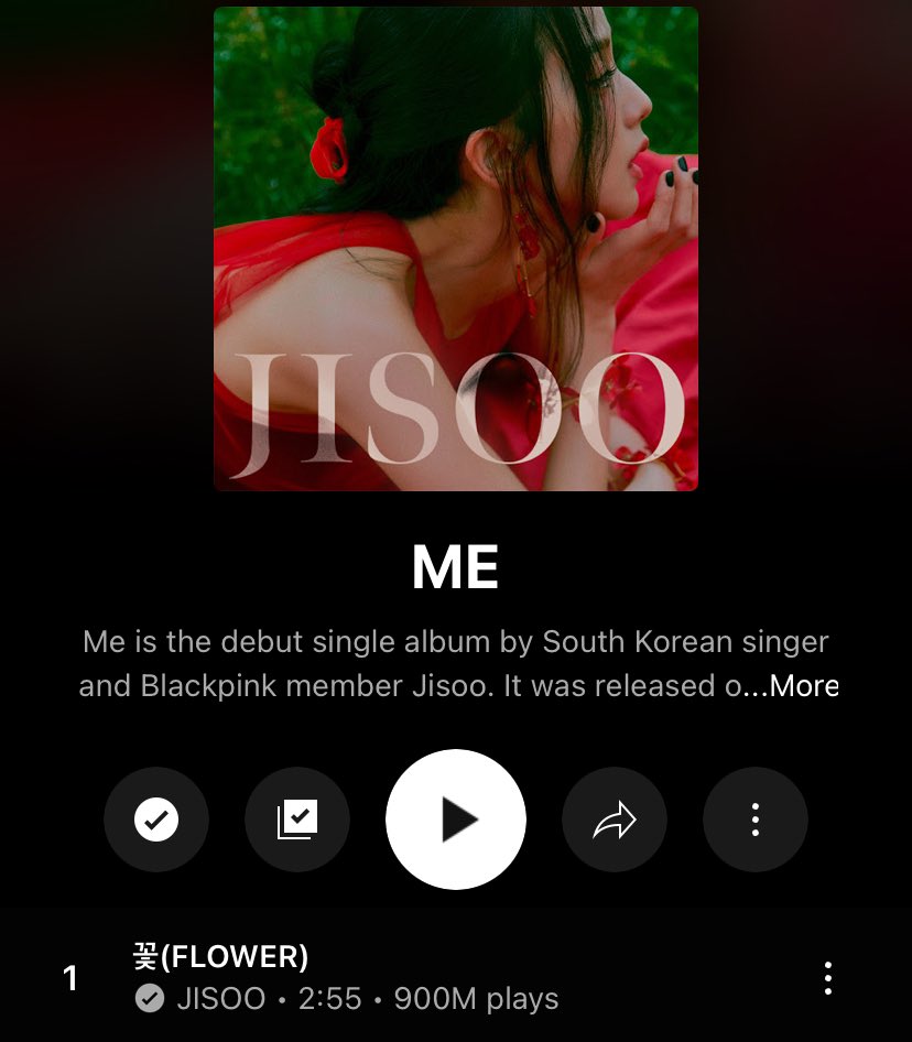 #FLOWER by #JISOO has surpassed 900 million plays on YouTube music.