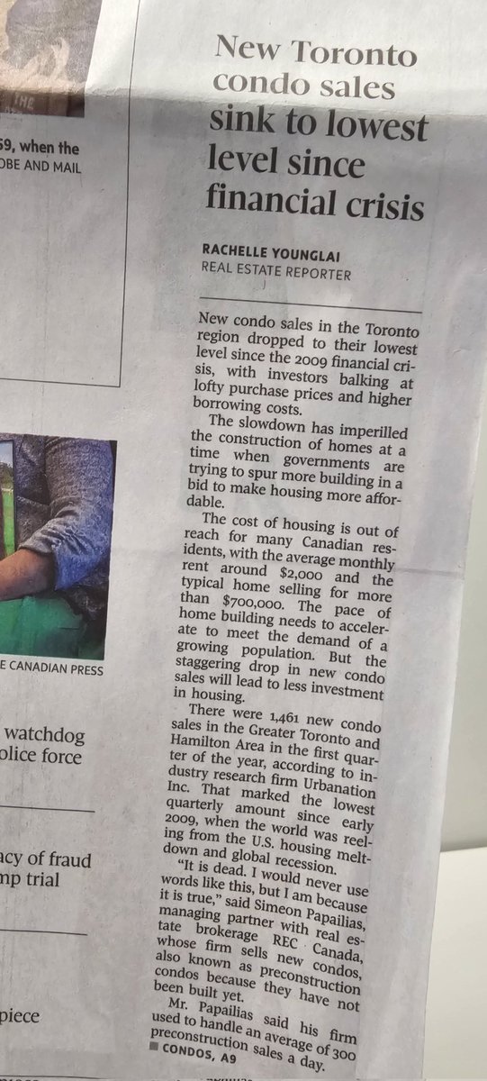 'Condo Sales Plunge in Toronto' Echoing the 2009 financial crash in a chilling real estate downturn @globeandmail 👇🏽