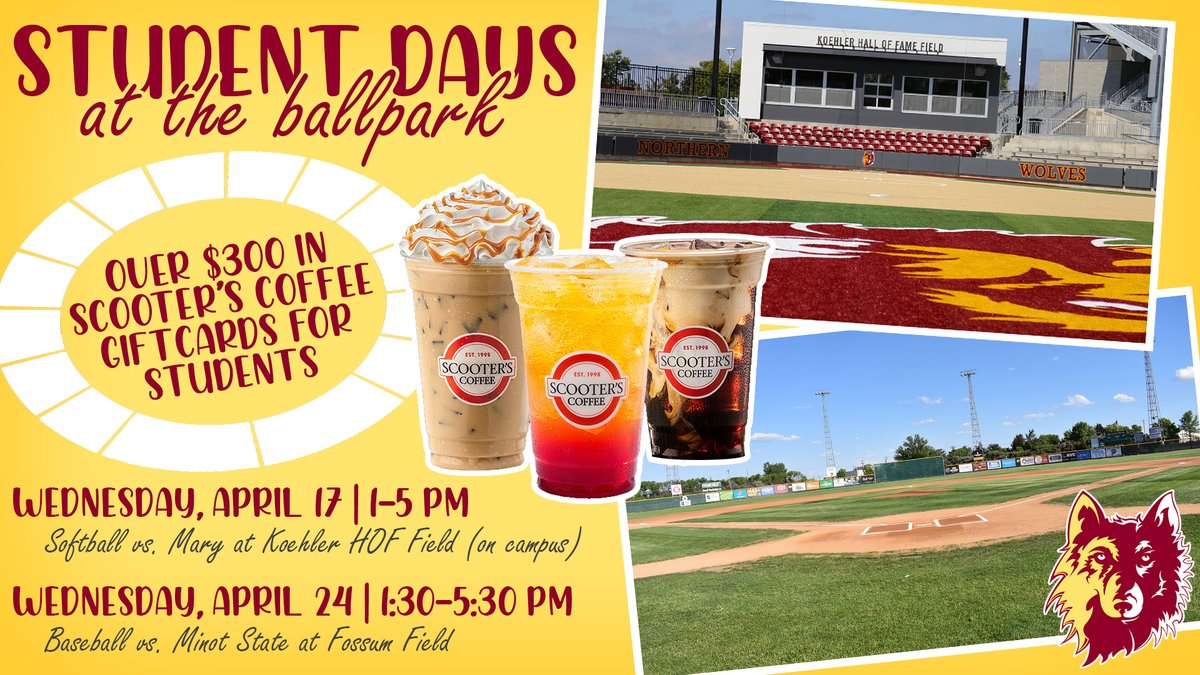 WolvesAthletics's tweet photo. And we're back with #StudentDays at the Ballpark tomorrow from Fossum Field‼️

See you out there @northernstateu students for a chance at $300 in Scooters gift cards‼️

@NSUWolves_BS🆚 Minot State
⏰ 1:30/3:30 PM
📍 Fossum Field

#GoWolves🐺 | #maroonNgold🐾 https://t.co/x9ZDoePNOK