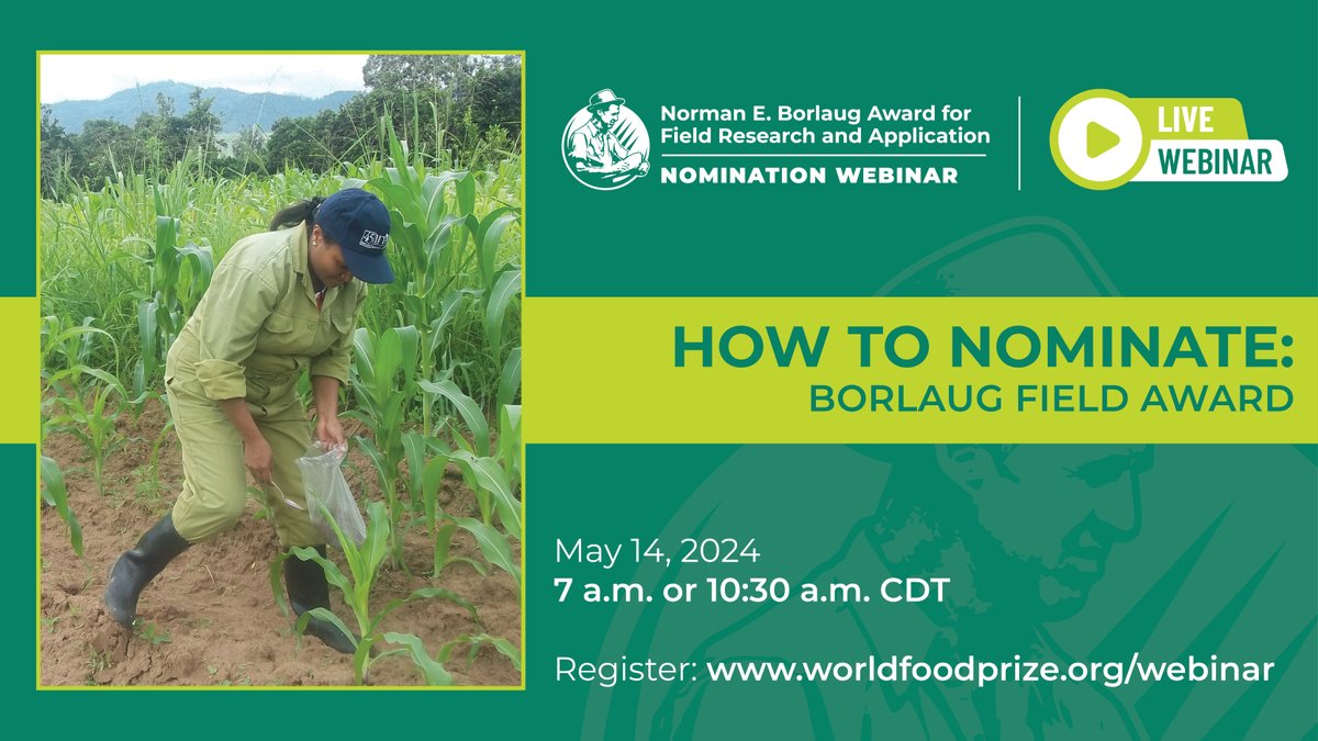 🖐🏼 Do you have questions about nominating someone for the Borlaug Field Award? Join our upcoming webinars on Tuesday, May 14 at 7 am & 10:30 am CDT (Des Moines) to get answers. Click the link to learn how to participate and gain valuable insights: bit.ly/414tNdP