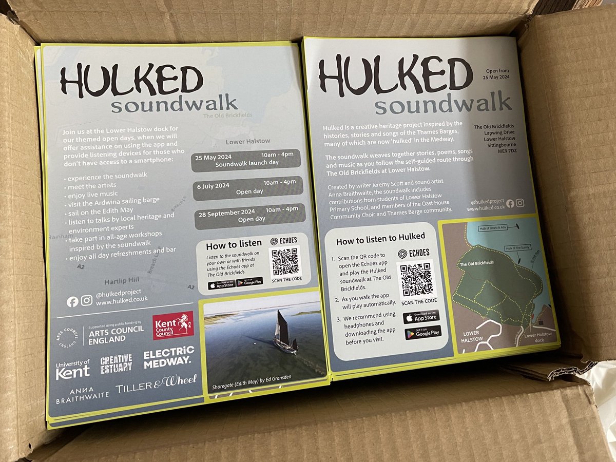 Annamerriel's tweet photo. Flyers have arrived! Save the date for the ⁦@HulkedArts⁩ soundwalk launch Saturday 25th May @ Lower Halstow dock ME9 7DZ 10-4pm. https://t.co/tvTYO88lup