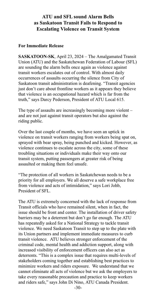ATULocal615's tweet photo. ATU and SFL sound Alarm Bells as Saskatoon Transit Fails to Respond to Escalating Violence on Transit System

#yxe @SKFedLabour https://t.co/4tjVs6Qu6c
