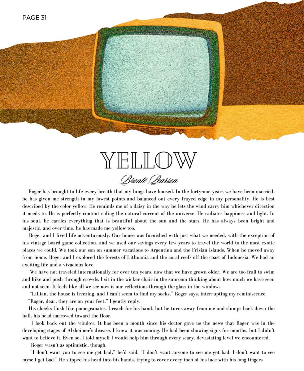 Featured in @PyreMagazine and winner of the Thelma Hall Prize in Creative Writing

You can buy print or digital copies of the magazine here to read the full story: magcloud.com/browse/issue/2… 

⚠️Trigger Warning⚠️ 

#yellow #brontepearson #bronteepearson #pyremagazine #creativewriter