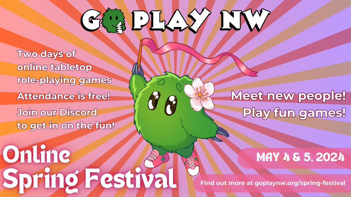 GoPlayNW's tweet image. COMING SOON—the Go Play NW Spring Festival, a free weekend of tabletop gaming online, happens May 4 &amp;amp; 5! It’s ALL DONUTS and open to anyone on our community Discord server! See the full schedule and more info at goplaynw.org/spring-festival #goplaynw