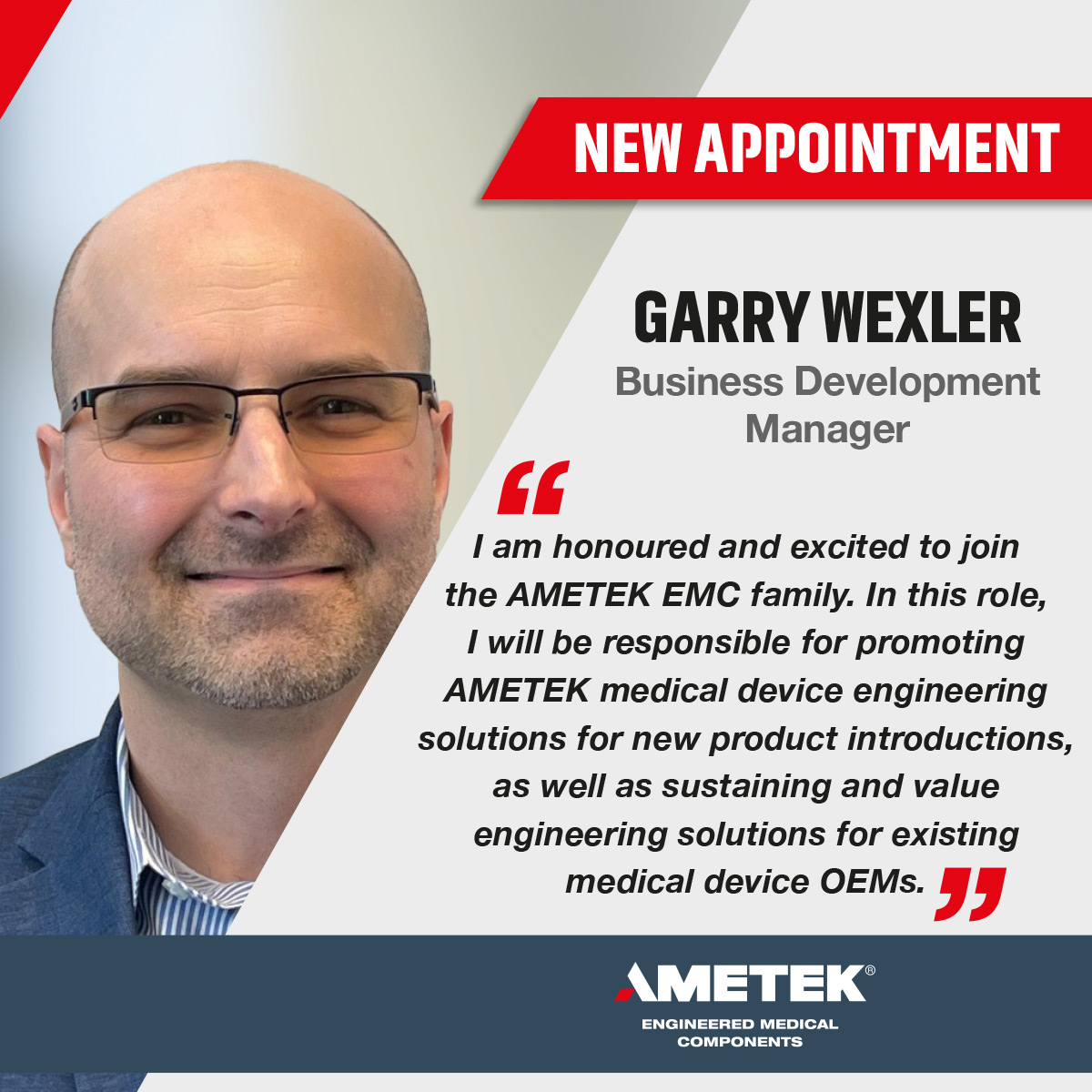 📣 New Appointment 💥

We are happy to welcome Garry Wexler as a Business Development Manager

Please join me in welcoming Garry 👏

#Ametek #Newappointment #GrowingTeam #Busniess Development #Manager