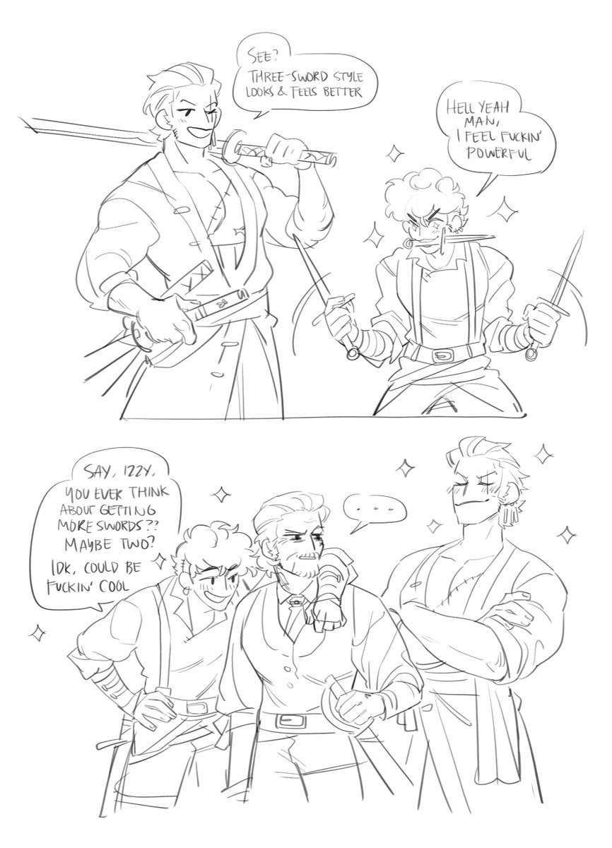 zoro & jim as sword bros and a long-suffering izzy hands #izzyhands #pirateslufe 🏴☠️
(march p4treon sketch request!)