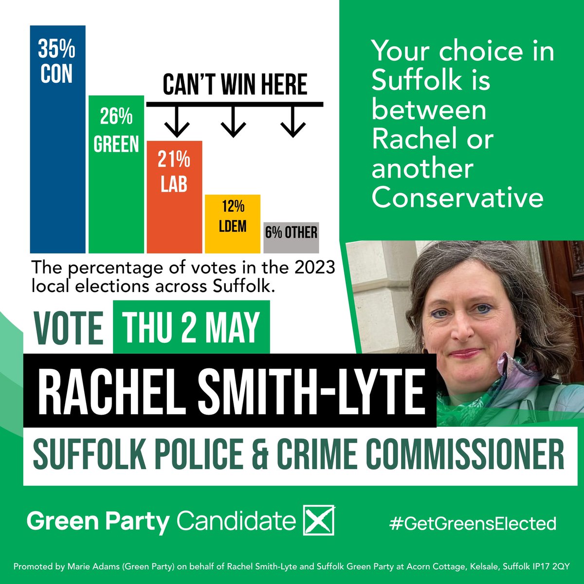 On 2nd May, voters across Suffolk will vote to elect their new Police and Crime Commissioner. It is going to be a close race between @TheGreenParty and the Conservatives, with last years local election results showing that @SmithLyte is the main challenger. #GetGreensElected