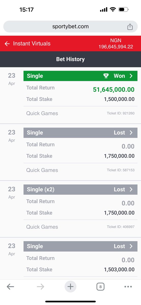 I lost 1.75m to the tune of 15m to get one win of 51.6m and you call it luck 😂… if na luck, i no go lose any money now, so my loss is not luck but wins are. Are you serious? Are we mind programmed to always lose? Well unfortunately i am NOT.