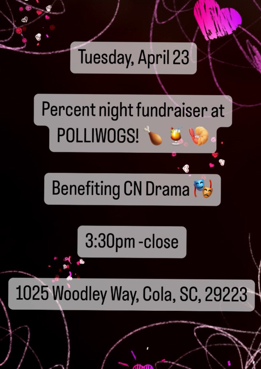 Support our drama department!! Visit Polliwogs tonight and a percentage will be donated 🎭