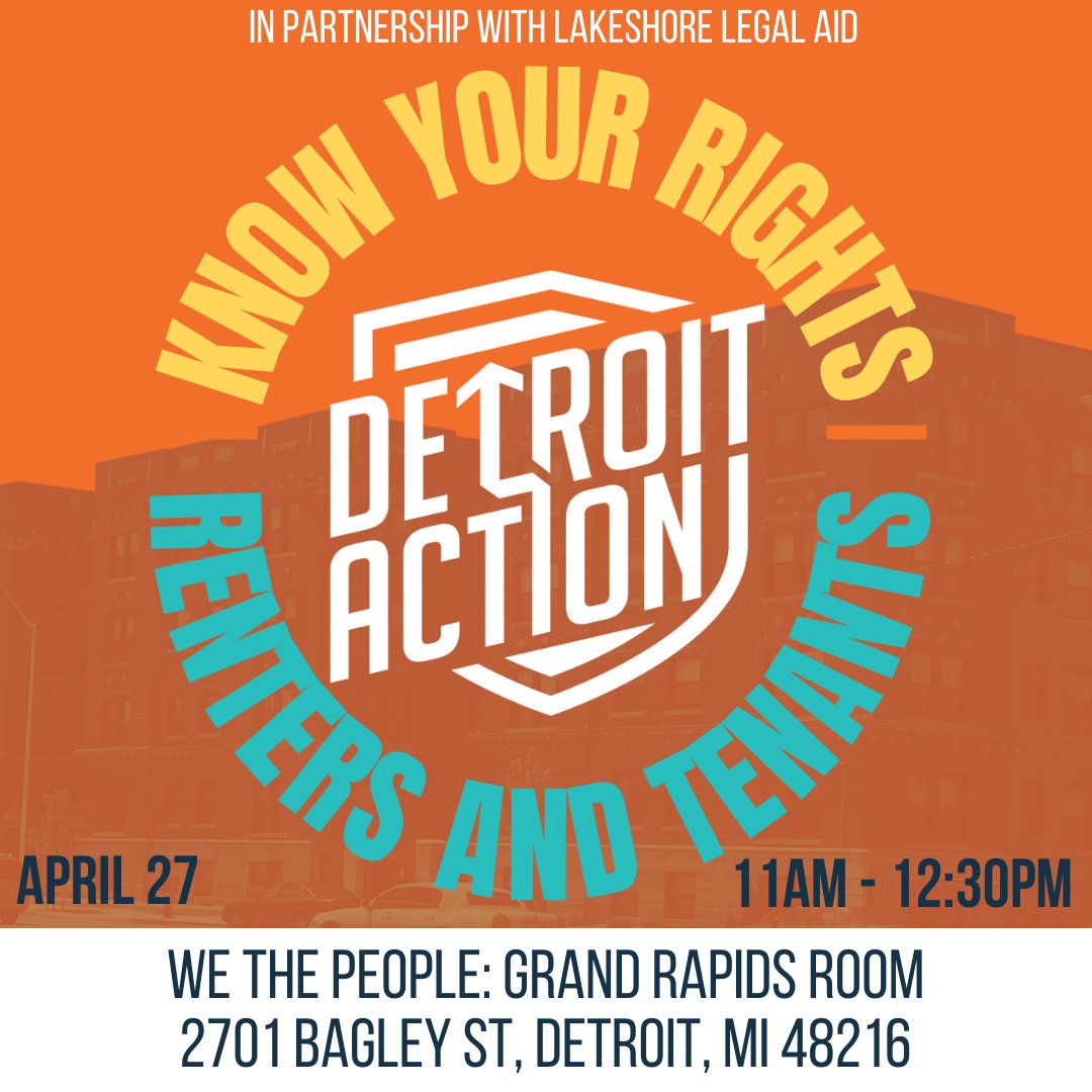 In partnership w/ Lakeshore Legal Aid, we’re hosting a Know Your Rights training for Renters & Tenants. Together we'll cover your responsibilities as a tenant, your rights + what red flags to look for during the renting/leasing process. RSVP today: bit.ly/DAKYR427