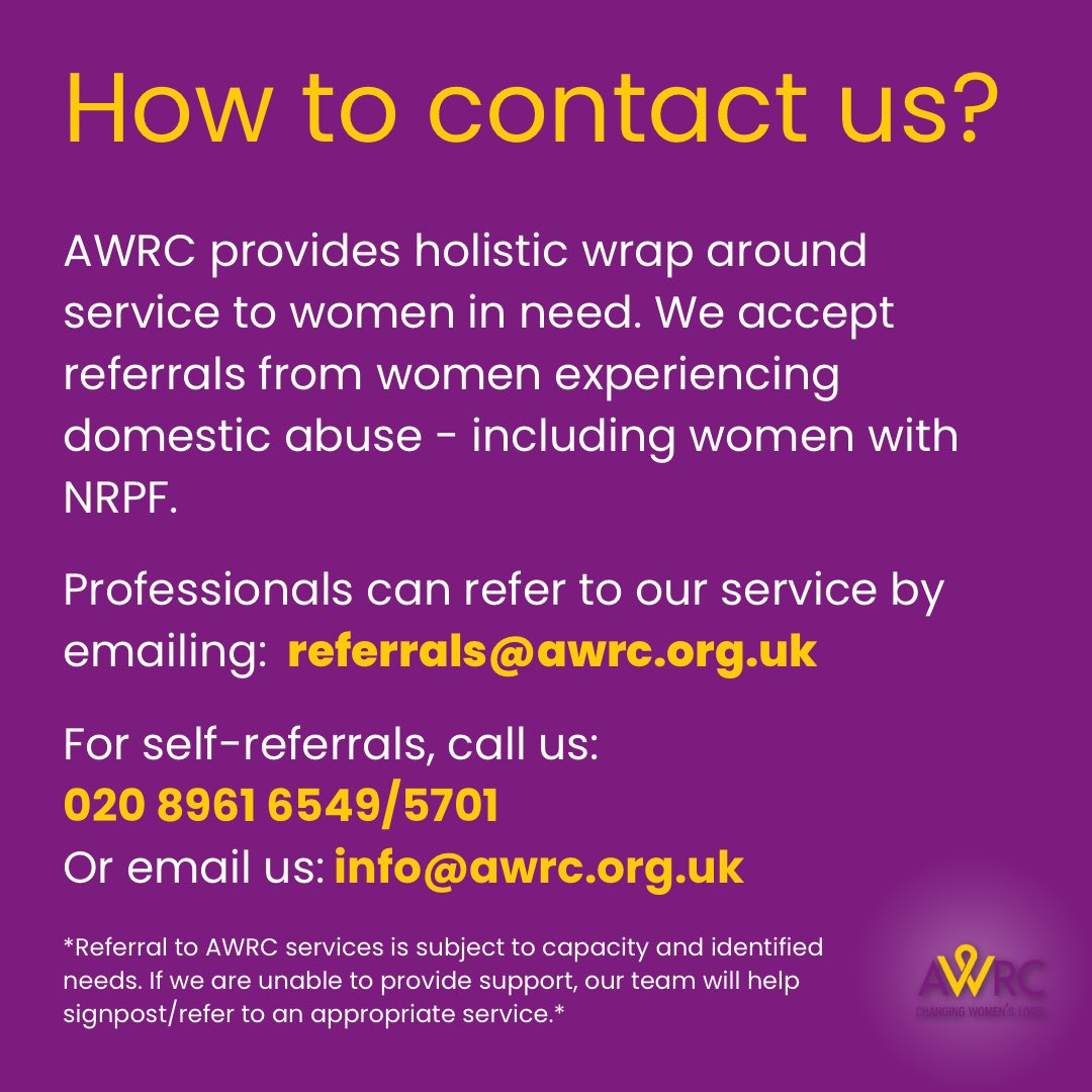 AWRC provides holistic wrap around service to women experiencing domestic abuse. Contact details below. #harlesden #london #endingVAWG #stopdomesticabuseagainstwomen #eliminatingviolenceagainstwomenandgirls #womensrights #ngo #charity #supportsurvivors