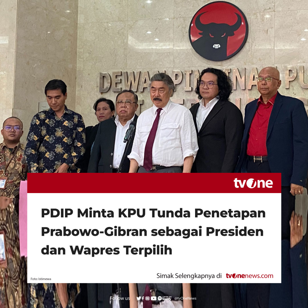 Tim Hukum DPP PDI Perjuangan (PDIP) meminta KPU RI menunda penetapan Prabowo Subianto dan Gibran Rakabuming Raka sebagai Presiden dan Wakil Presiden terpilih 2024.

Alasannya karena Pengadilan Tata Usaha Negara (PTUN) Jakarta menerima gugatan PDIP terhadap KPU RI untuk