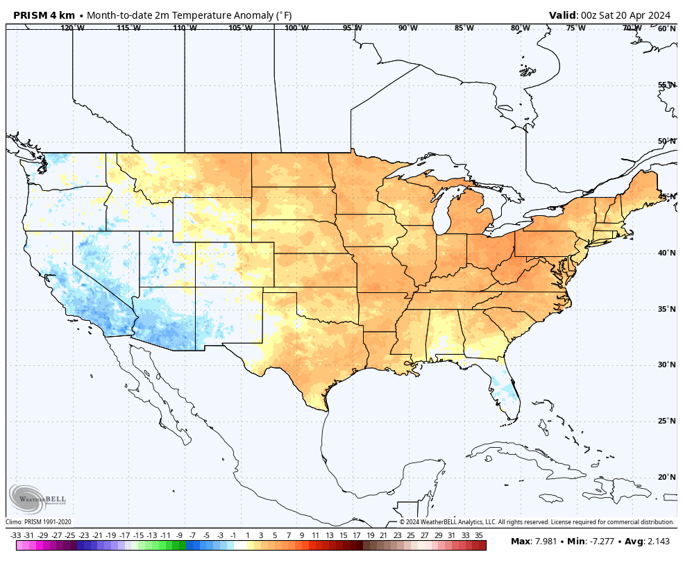 Two-thirds of the way through April: April 2024 is 0.8°F cooler than April 1981. If every emission warms the planet, why has there been cooling after 43 years and 1.5+ trillion tons of emissions?