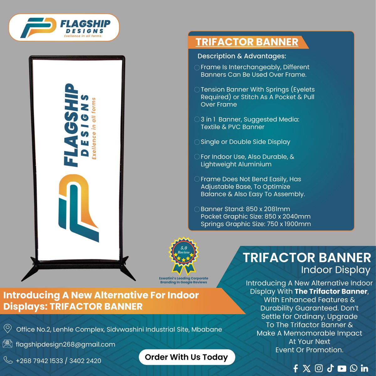 Flagship_D268's tweet photo. Introducing the all new Trifactor Banner, with a none bending, reusable frame, and multiple display option. Brought to you by #Flagshipdesigns #Eswatini https://t.co/EJDxwgt1Mr