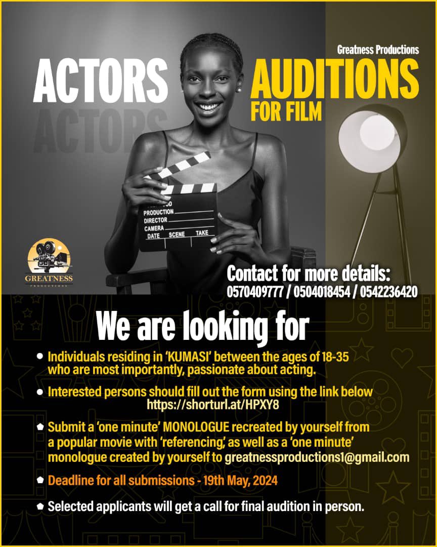 Dregrace17's tweet photo. *🎬AUDITIONS CALL 📞*
Actors and Actresses needed. To register, fill out a form FOR FREE via *https://t.co/dTcvuaCaFl* and follow directives to submit your monologue before the deadline.
 *Contact 0570409777/ 0504018454/ 0542236420 for more info
#Napo #CoachxGeminiFourth #Berla https://t.co/PlYW3ECTmF