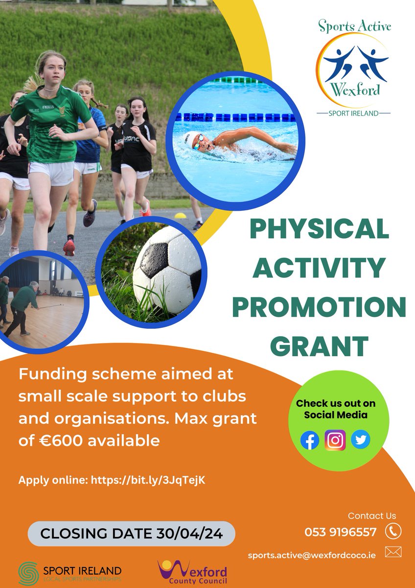 Our Physical Activity Promotion grant is open for applications, with a max grant of €600 available. For full info and criteria, and to apply, go to : wexford-self.achieveservice.com/service/Physic…… Closing date: 30th April, 2024!!