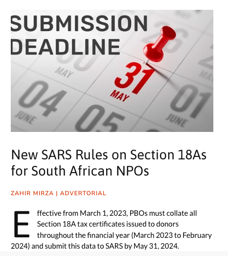 hashtagnpo's tweet photo. #SouthAfrican #PBOs must now collate all Section 18A tax certificates issued to donors throughout the financial year (March 2023 to February 2024) and submit this data to #SARS by May 31, 2024.

https://t.co/8f2Y3U29Xv @ActiveDonor https://t.co/XmPDCUiVxY