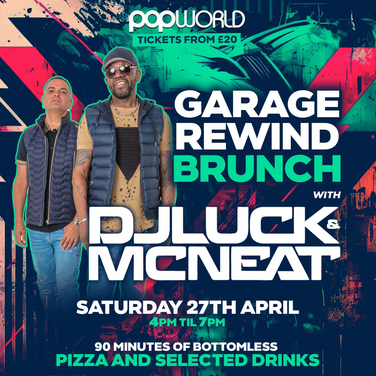 Last chance to book your tickets to the @PopworldMK Garage Brunch this Saturday 27 April! 🎧 DJ Luck & MC Neat will be in da house with the non-stop tunes and you'll also get 90 minutes of bottomless pizza and selected drinks! 🍕🍹 Book here: popworldparty.co.uk/milton-keynes/…
