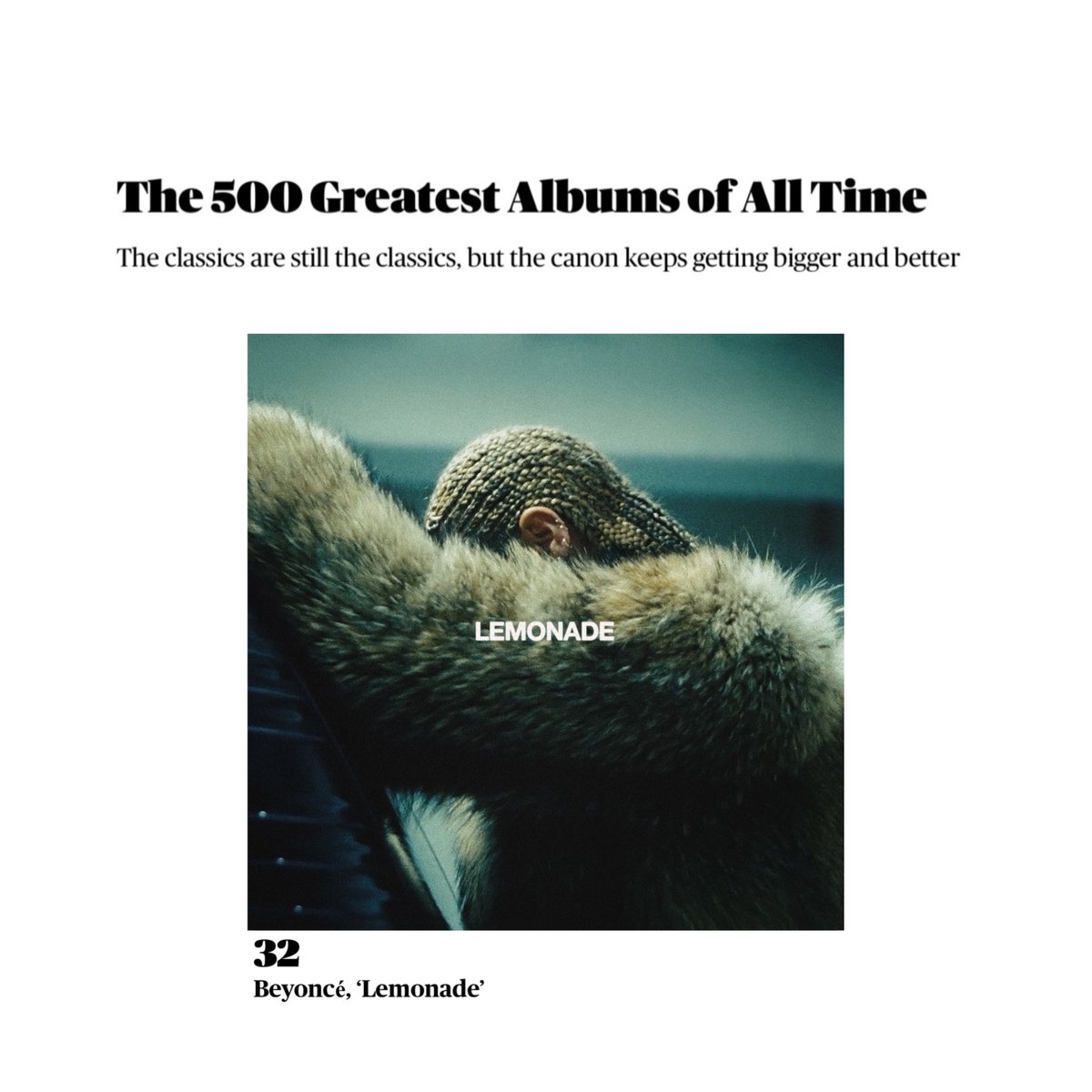 beycharts's tweet photo. “Lemonade” is considered the best female album released in the 21st century by Rolling Stone and Consequence of Sound.

Rolling Stone ranked the album as the 32nd best of all time. https://t.co/UBxyXHEvHf
