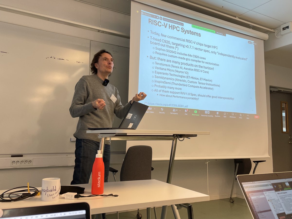 Miquel Pericàs (@miquel_pericas) is doing a great job during his keynote presentation at the 9th EasyBuild User Meeting in Sweden. RISC-V (@risc_v) is coming, and the European #HPC community is working hard to prepare for it via @pilot_euproject & co. easybuild.io/eum24/#program
