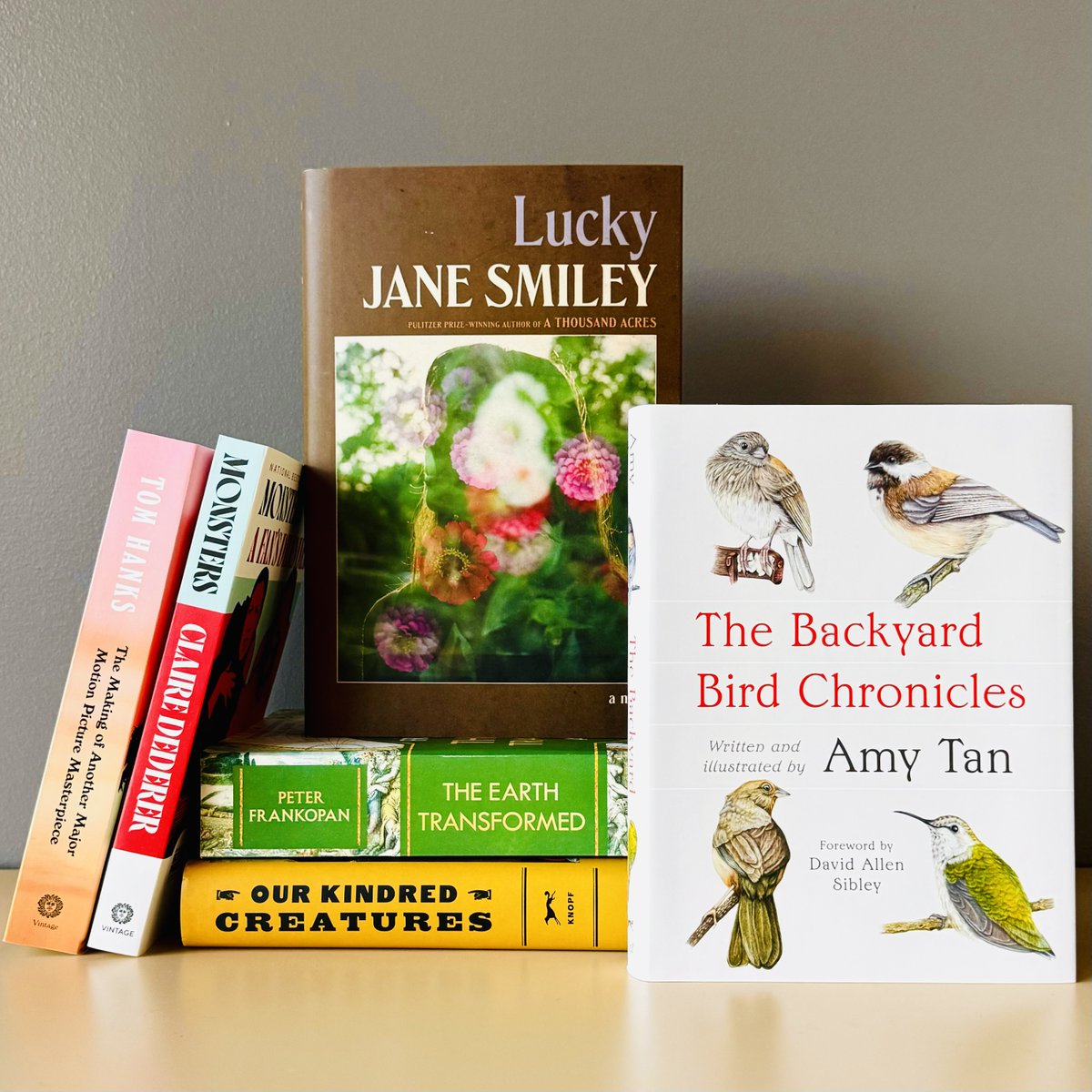 Out today: 🕊️ THE BACKYARD BIRD CHRONICLES by Amy Tan 🍀 LUCKY by Jane Smiley 🐕 OUR KINDRED CREATURES by Bill Wasik and Monica Murphy 🌏 THE EARTH TRANSFORMED by Peter Frankopan 🍿 THE MAKING OF ANOTHER MAJOR MOTION PICTURE MASTERPIECE by Tom Hanks 👹 MONSTERS by Claire Dederer