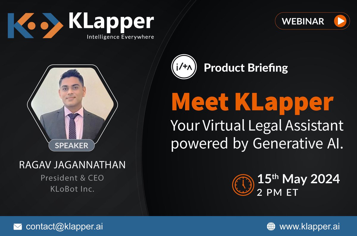 KLSTInc's tweet photo. Join us for an exclusive ILTA Product Briefing Webinar!
Don't miss the live demo showcasing KLapper's intelligent capabilities
Register now!
https://t.co/QbpcWG9QdG
#webinar #klapper #virtualassistant #genai #generativeai #conversationalai #webinar
#AI #LegalTech #ILTAWebinar https://t.co/uNriHKbtks