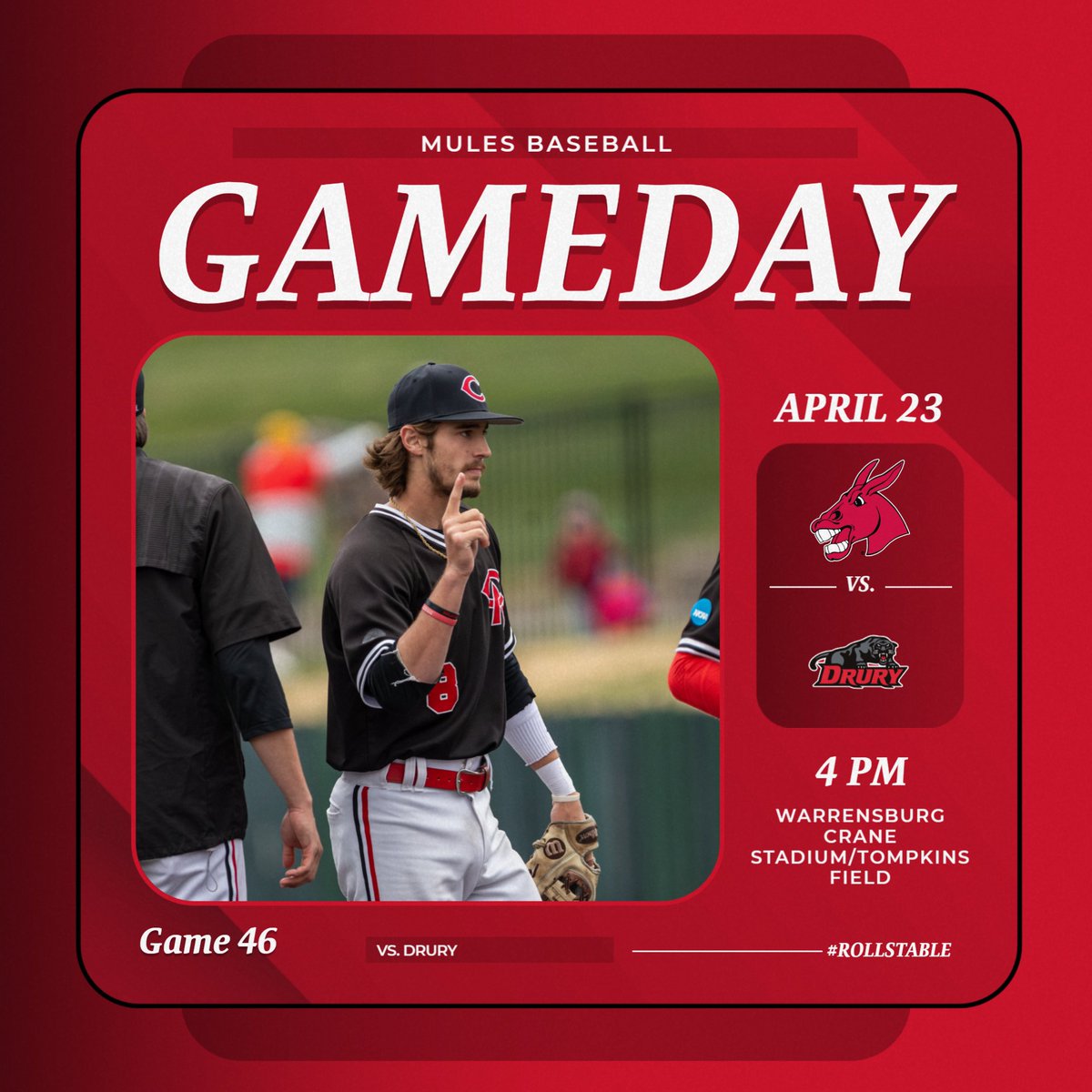 Back home for a Tuesday afternoon tussle with the Panthers! 🆚 | Drury 🏟️ | Crane Stadium/Tompkins Field 📻 | 98.5 The BAR 🔊 | WarrensburgRadio.com 💻 | TheMIAANetwork.com/UCMMULES ($) 🌭 | $1 hot dogs & sodas thanks to Sodexo (first 300 fans) #teamUCM x #RollStable