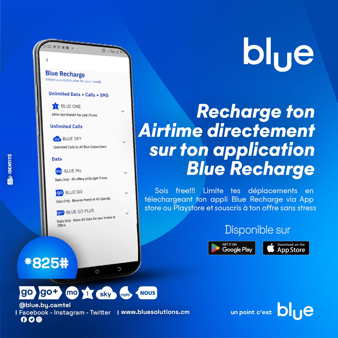 blue_by_camtel's tweet photo. Sois free!!! Limite tes déplacements en télechargeant ton appli Blue Recharge via App store ou Playstore et souscris à ton offre sans stress.

#BlueRecharge
#Blue https://t.co/IIp1eSeNU2
