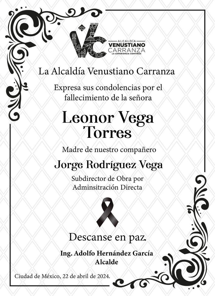 Nos unimos a la pena que embarga a familiares y amigos de la Sra. Leonor Vega Torres, por su sensible pérdida, y eviamos un abrazo sincero a nuestro compañero Jorge Rodríguez Vega.🕊️ #QEPD