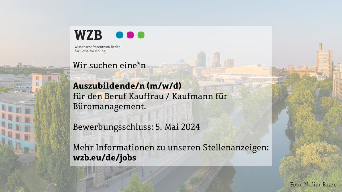 🚀Ausbildungsplatz am WZB🌟 Wir suchen eine/n Auszubildende/n (w/m/d) für den Beruf Kauffrau/Kaufmann für Büromanagement. ⏰ Bewirb dich jetzt bis zum 5. Mai 2024. Mehr Infos & Bewerbung 👇 wzb.eu/de/jobs/auszub… #Ausbildung #Berlin