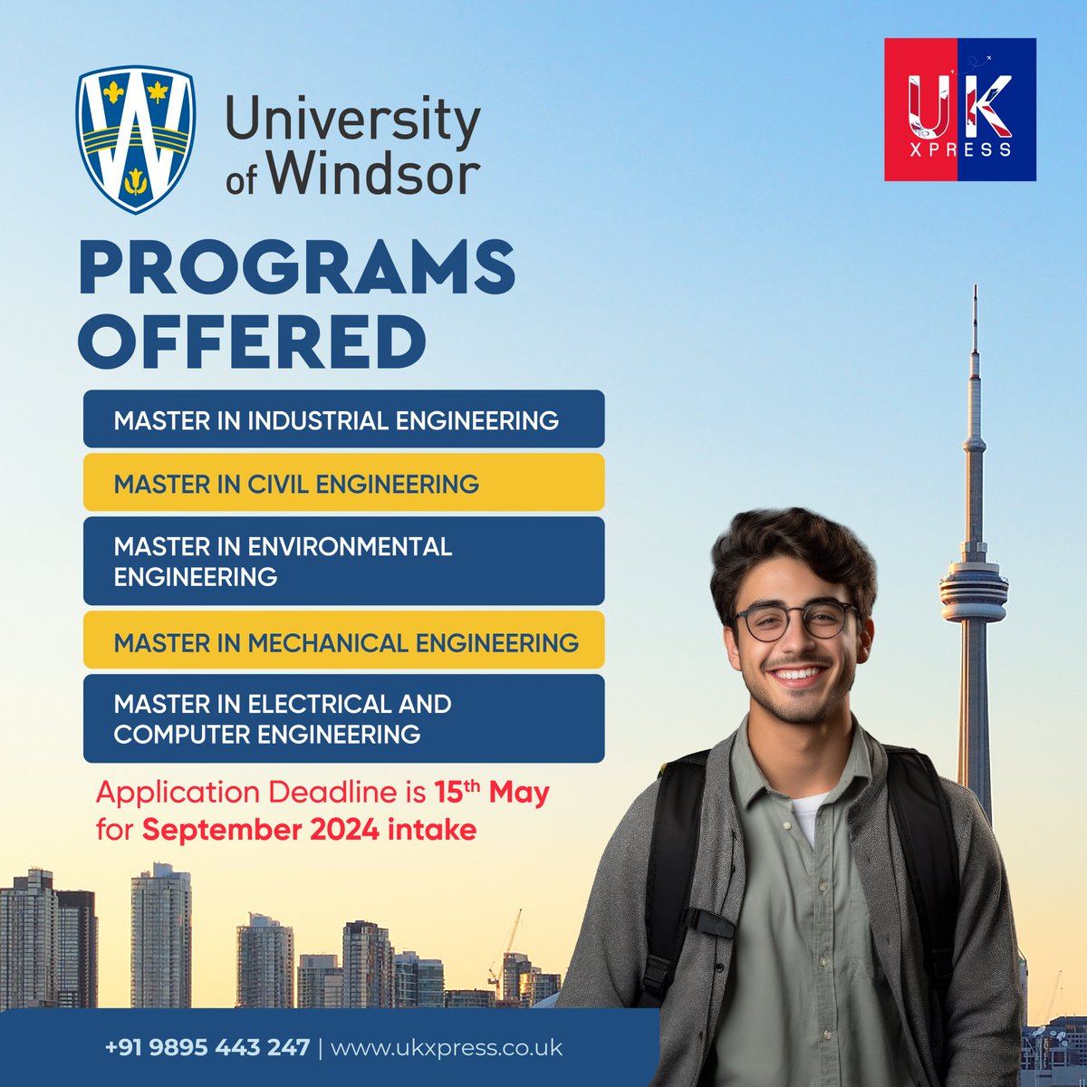 🎓 Pursue Your Master's in Engineering at the University of Windsor! 🌟 Applications for our prestigious programs are now open for September 2024 intake. Explore specialized tracks in:

📆 Application Deadline: May 15th, 2024

#engineeringmasters #uwindsor #graduatestudies